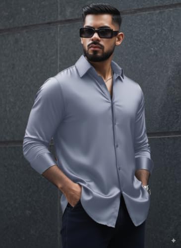 Indoprimo MenS Stylish Solid Satin Casual Shirt For Men Full Sleeve Darkgrey