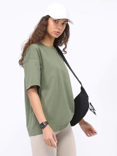 Nobero WomenS Solid Oversized Fit T-Shirt (1W-Twrt-R0040_Olive Green