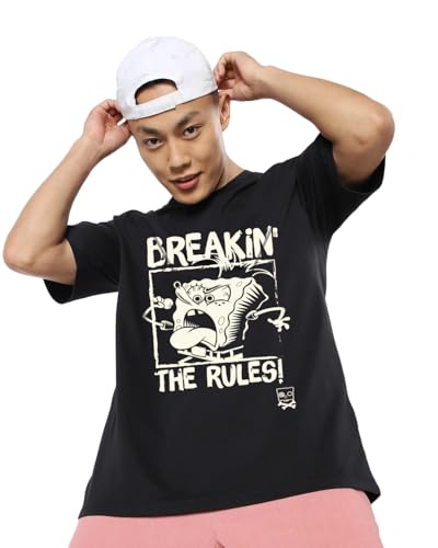 Bewakoof Spongebob Mens Graphic Print Oversized Fit Half Sleeve Round Neck Cotton T-Shirt_659693_Black_3XL