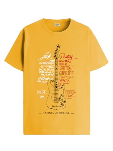 ADRO Guitar Design Printed T-Shirt for Men - 100% Cotton, Regular Fit, Soft Breathable Fabric | RN23-M-GTR-MU-XL Mustard