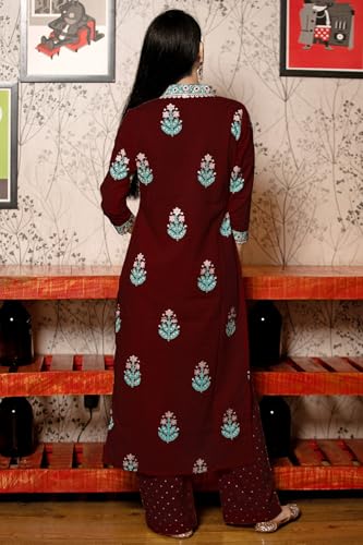 GoSriKi Printed Rayon Kurta Set with Trousers & Dupatta, 3XL, Bordeaux Red, Model Belagavi Mustard-GS