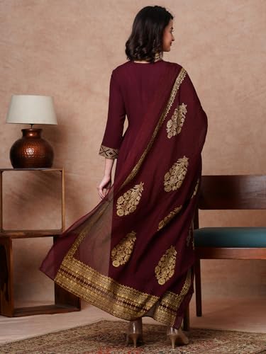 GoSriKi Anarkali Kurta Set with Trousers & Dupatta, Rayon Blend, Medium, Wine - Model MAGIC-NDM-GS