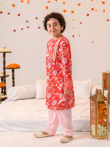 Pspeaches Boys Floral Printed Regular Pure Cotton Kurta With Pyjamas
