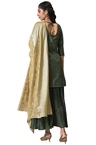 Aurelia Women Green Embroidered Kurta With Flared Skirt And Golden Dupatta