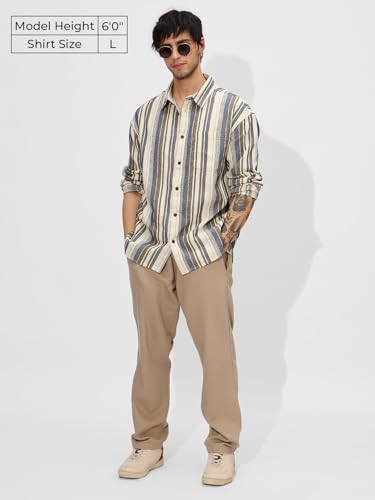 The Souled Store Stripes: Cream, Blue Men And Boys Long Sleeves Collared Neck Button Front Regular Fit Textured Shirts