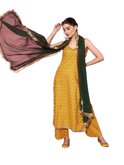 Varanga yellow floral printed spaghetti strap style straight kurta paire with bottom and contrast bottom
