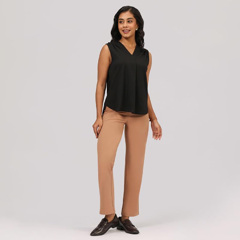 BlissClub Cotton Pro Sleeveless Work Top | Shoulder Pleats | V-Neck Design | Cotton-Poly-Modal Blend | Breathable Fabric | Moist