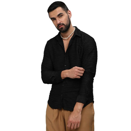 Campus Sutra Mens Midnight Black Self-Design Wave Shirt for Casual Wear | Spread Collar | Long Sleeves | Button Closure | Shirt