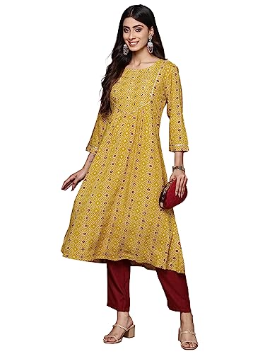 ishin Women's Viscose Rayon Embellished Mustard A-Line Kurta