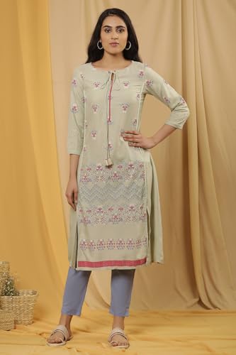 W for Woman W Women Green Floral Print Viscose A-Line Kurta set with Slim Pant