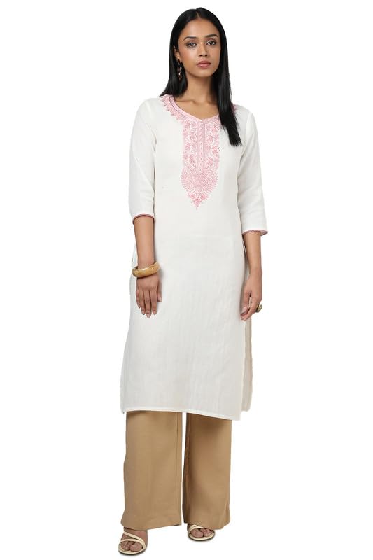 Soch Womens Off White Cotton Embroidered Kurta with Thread Work