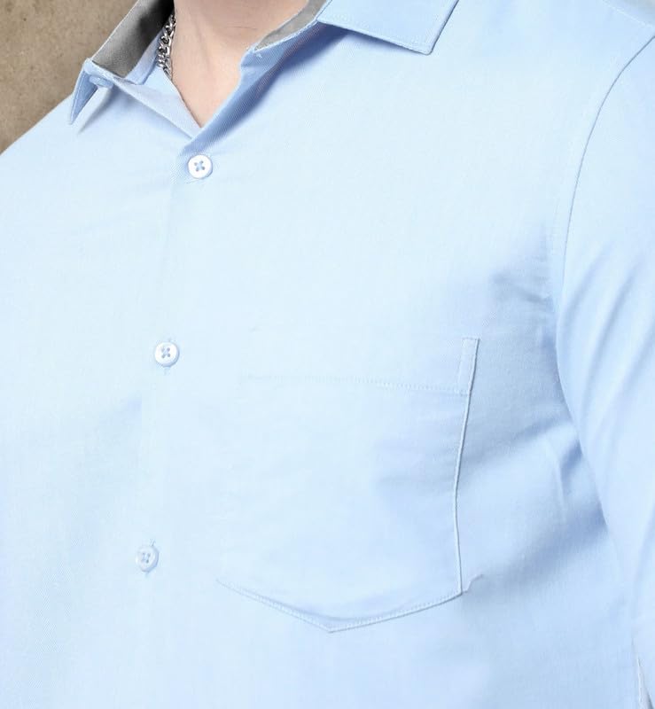 Pinkmint Men Cotton Soild Spread Collar Long Sleeve Shirt Formal Wear Blue