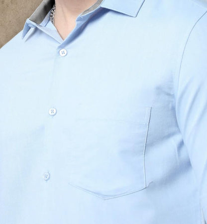 Pinkmint Men Cotton Soild Spread Collar Long Sleeve Shirt Formal Wear Blue