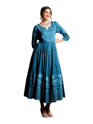 Ishin Teal Floral Printed Embellished Anarkali Dress With Tie-Up