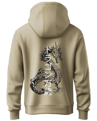 ADRO Mens Hoodies with Hail The Dragon Puff Backside Printed, 100% Cotton 340GSM. (H23-M-DRA-BE_Beige_XL)