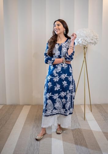 GoSriKi Women's Chikankari Straight Kurta, Rayon Blend, Size 44, Blue, Model SCEROS-CEROSIN-GS