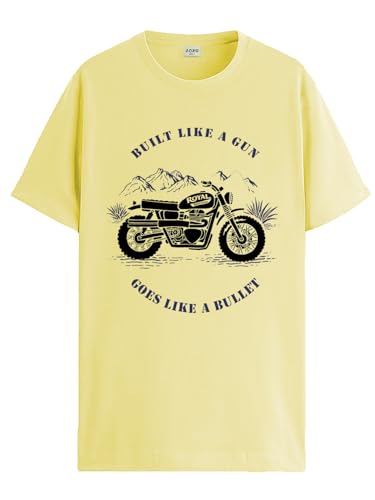 ADRO Men's Royal Bike Design Printed 100% Cotton T-Shirt - Regular Fit, Printed T-Shirts for Men (RN24-RYL-LY_Light Yellow_XL)