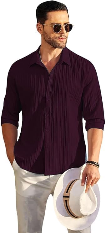 Deelmo Combo Of MenS Casual Button Down Shirts Long Sleeve Linen Shirt Fashion Textured Summer Shirts Pack Of 2