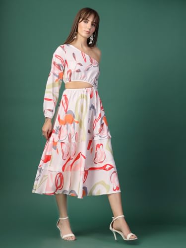 OOMPH! Womens Western & Fusion wear Printed Crepe Dress for Women, One Shoulder, White - md1080