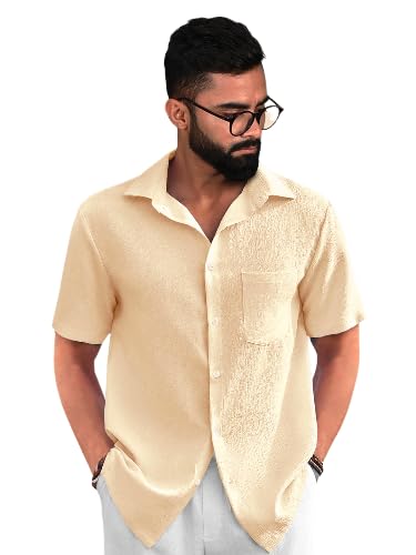 PinkMint Popcorn Shirt for Men ll Textured Shirts for Men ll Stylish Half Sleeve Shirt ll Goa Wear ll Regular Fit Shirt Yellow
