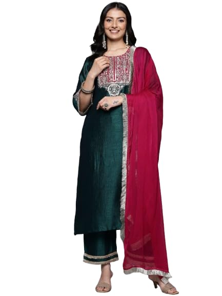 VARANGA Women Contrast Zari Embroidered Kurta With Bottom And Dupatta