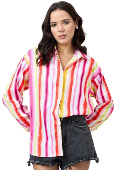 Style Quotient Women Pink and Multi Stripe Printed Polyester Relaxed Fit Smart Casual Shirt