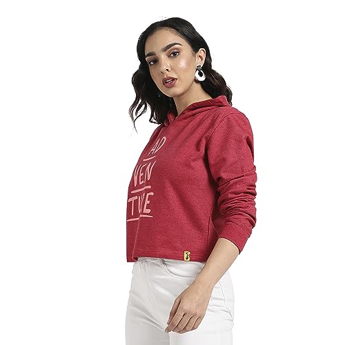 Campus Sutra Womens Red Adventure Hoodie with Contrast Drawstring for Casual Wear | Hooded Neck | Long Sleeve | Drawstring Clos
