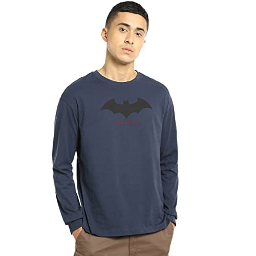 Bewakoof Mens Graphic Printed 100% Cotton T-Shirt - Oversized Fit, Round Neck, Full Sleeve_577216_Blue_M