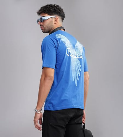 KYDA Mens 100% Pure Cotton Relaxed Fit Drop Shoulder Premium Front & Back Printed Blue Oversized T-Shirt for Summer