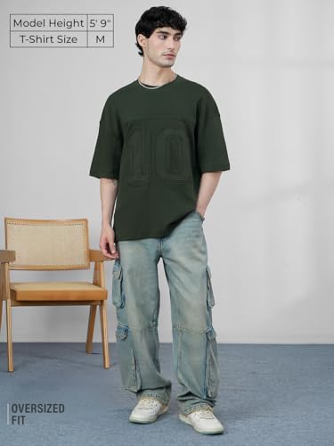 The Souled Store Olive Tree Men and Boys Short Sleeves Round Neck Green Embellished Cotton Super Oversized T-Shirts