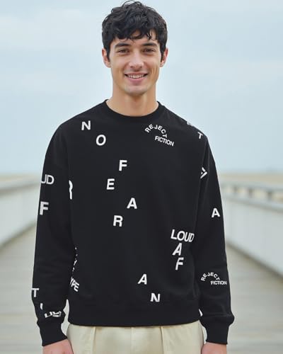 Bewakoof Mens AOP Oversized Fit Full Sleeve Round Neck Terry Sweatshirt Black