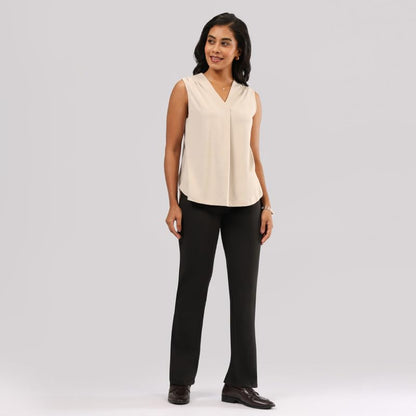 BlissClub Cotton Pro Sleeveless Work Top | Shoulder Pleats | V-Neck Design | Cotton-Poly-Modal Blend | Breathable Fabric | Moist