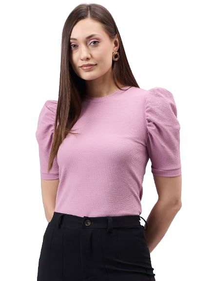 Style Quotient Women Solid Dusty Rose Poly Knit Smart Casual Regular Top