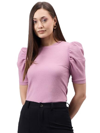 Style Quotient Women Solid Dusty Rose Poly Knit Smart Casual Regular Top
