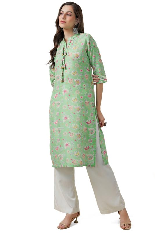 Soch Womens Sap Green Muslin Blend Floral Print Kurta With Tassels