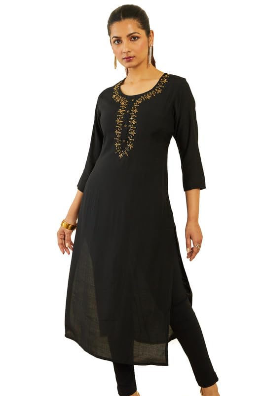 Soch Womens Black Viscose Blend Straight Kurta With Floral Cutdana Work