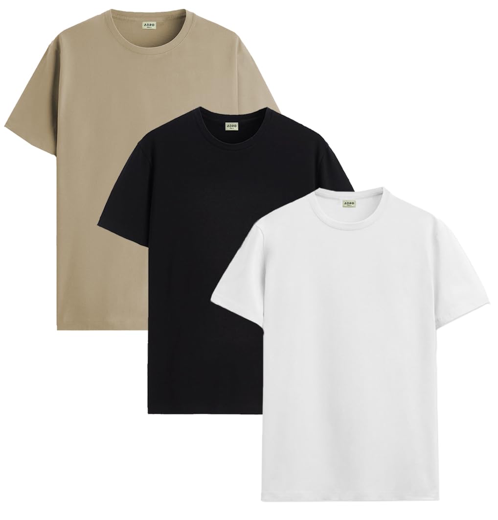 ADRO Mens Solid Regular Fit T-Shirt (RCM3-PLN-BE-BL-WH_Beige,Black,White