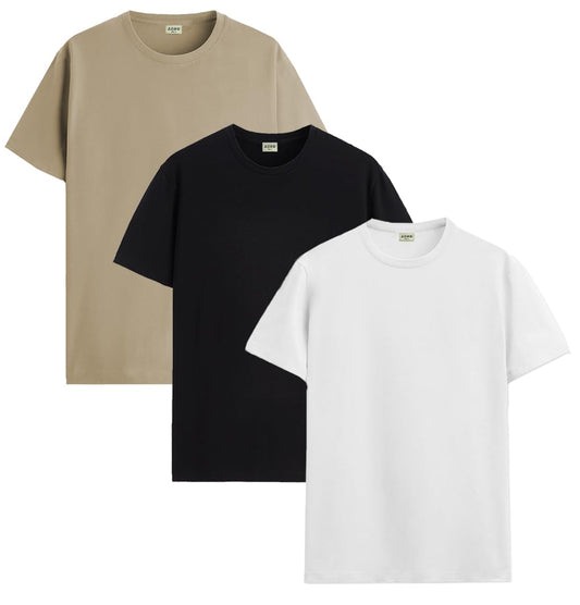 ADRO Mens Solid Regular Fit T-Shirt (RCM3-PLN-BE-BL-WH_Beige,Black,White