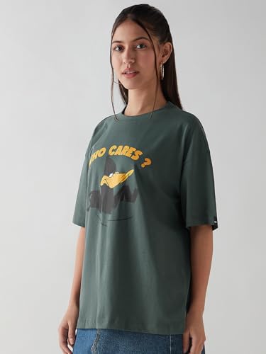 Bewakoof Official Looney Tunes Merchandise Daffy Duck Womens Graphic Print Oversized Fit Half Sleeve Round Neck Cotton Jersey T