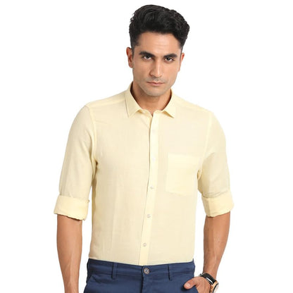 Turtle Men Cotton Linen Slim Fit Cream Solid Formal Shirt