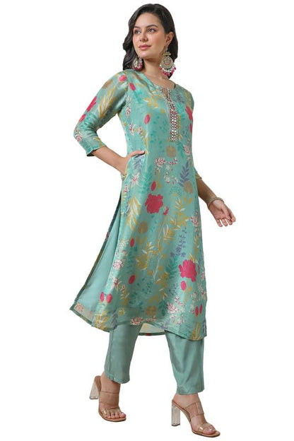 Soch Womens Turquoise Blue Botanical Print Tissue Kurta Set
