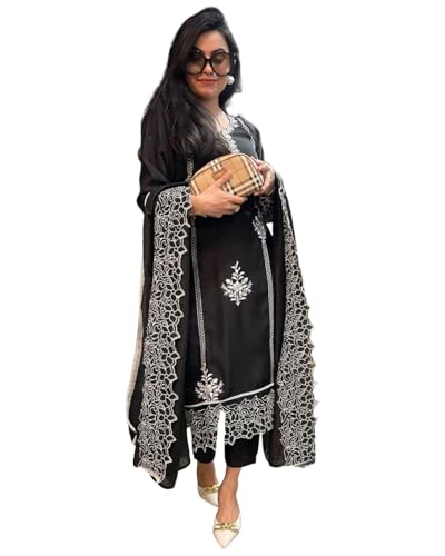 GoSriKi Womens Rayon Blend Straight Embroidered Kurta with Pant & Dupatta (TRP Black-NM-GS_M_Black_Medium)