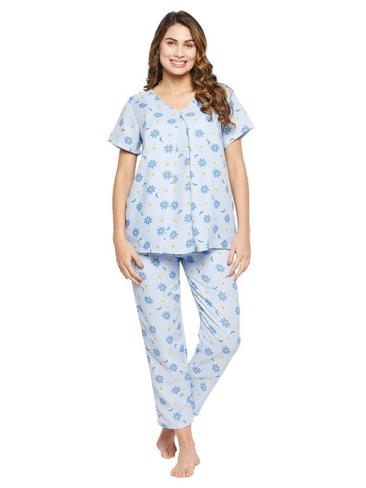 Clovia Womens Rayon Pretty Florals Feeding Top & Pyjama Set in Blue (LS0263P03_Blue_M)