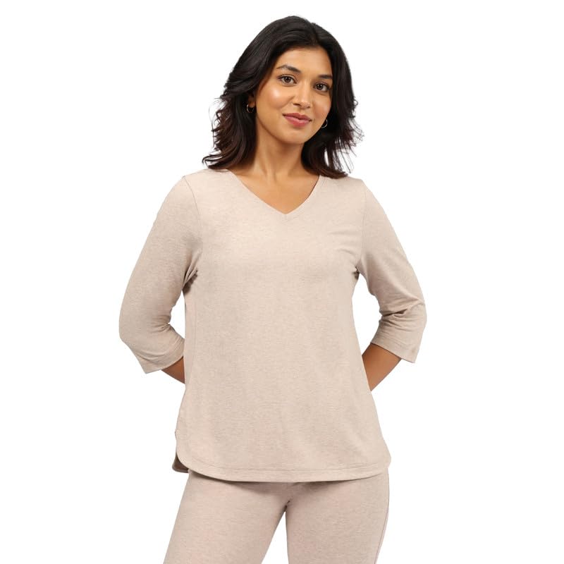 BlissClub AirMelt TM Apple Hem Tee | V-Neck | 3/4 th Sleeves | Apple Hem Bottom | Easy Drape | Weightless Fabric | Cool-to-Touch