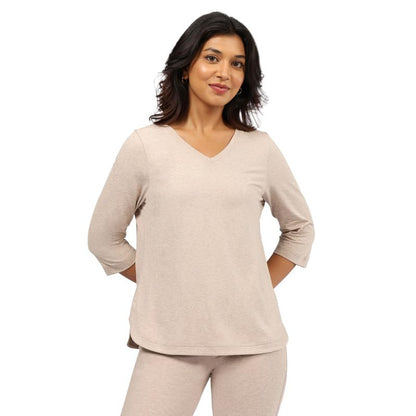 BlissClub AirMelt TM Apple Hem Tee | V-Neck | 3/4 th Sleeves | Apple Hem Bottom | Easy Drape | Weightless Fabric | Cool-to-Touch