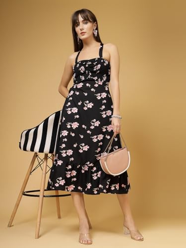 OOMPH! Womens Western & Fusion wear Printed Crepe Dress for Women, Smocked Bodice, Black - md1029