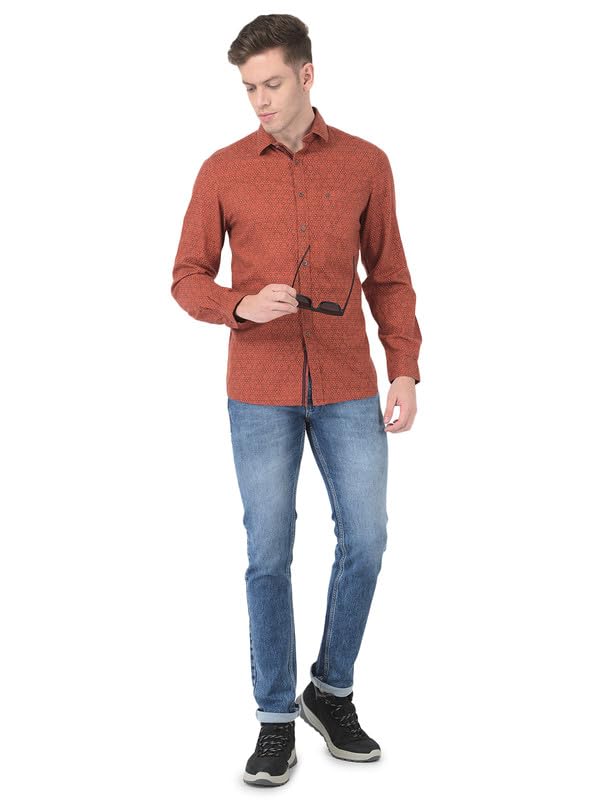 Turtle Men Cotton Orange Slim Fit Printed Shirts
