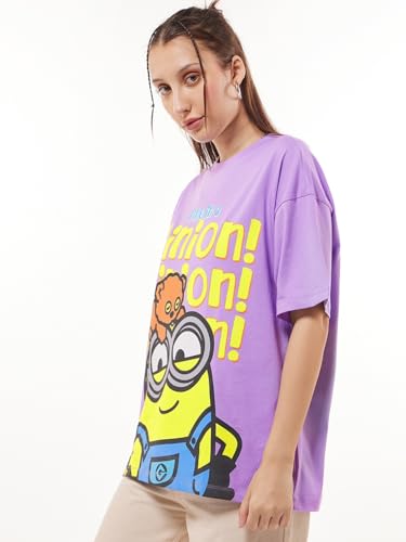 Bewakoof Official Minions Merchandise Minions Womens Graphic Printed Oversized Fit Half Sleeve Round Neck Cotton Jersey T-Shirt