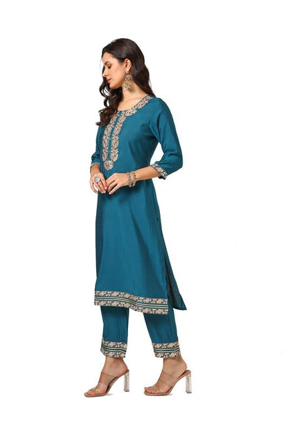 Soch Womens Teal Green Muslin Blend Embroidered Kurta Set With Gotta Patti