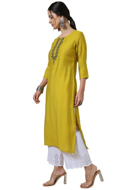 Soch Womens Mustard Yoke Design Viscose Blend Kurta With Cutdana